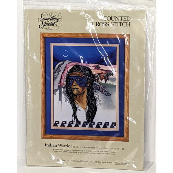 NATIVE AMERICAN INDIAN WARRIOR Counted Cross Stitch Stamped Kit 14 x 18" NEW - Picture 1 of 5